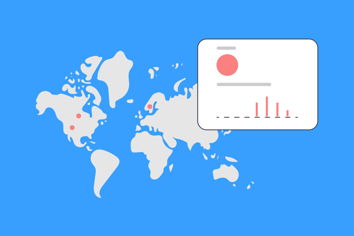 Illustration of a map marked with red dots, showcasing a dashboard overlay with analytics insights.